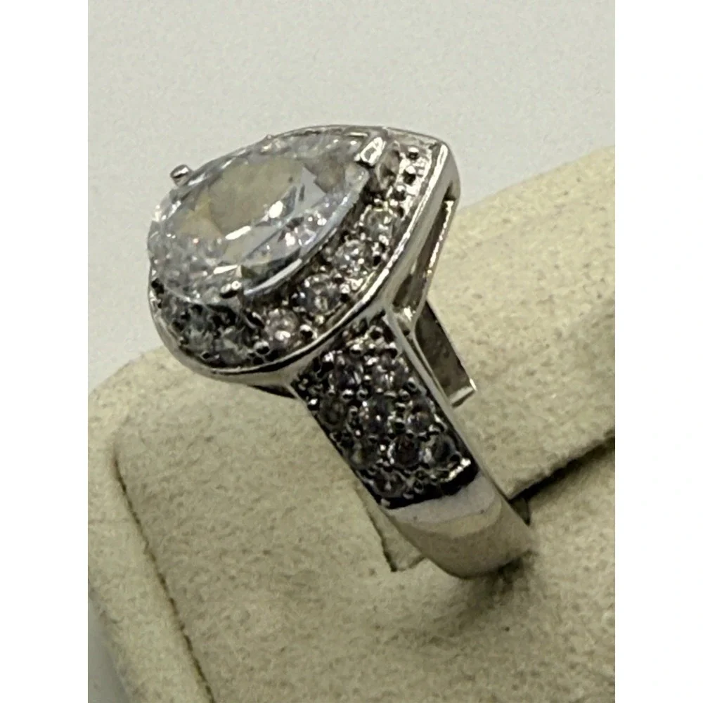 Sterling Silver CZ Ring Pear Cut Halo Cocktail Stamped RSE 925 Size 9